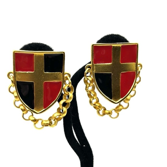 Gold and Red Shield Earrings with Chain Clip on Earrings  Vintage 80’-90’s - Picture 2 of 12